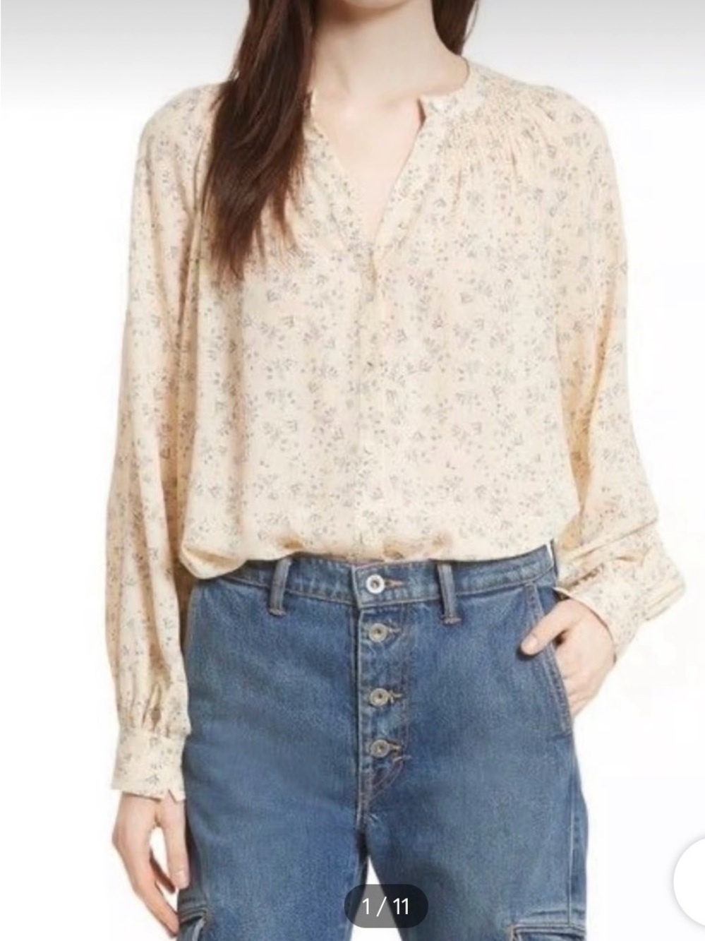 Vince Cream 100% silk Floral Smocked Blouse with Gray Print